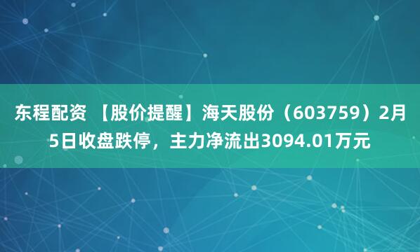 东程配资 【股价提醒】海天股份（603759）2月5日收盘跌停，主力净流出3094.01万元